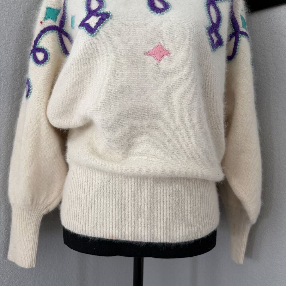 Vintage 80s Pastel Angora Geometric Sweater Cream Ivory Large - Picture 6 of 14